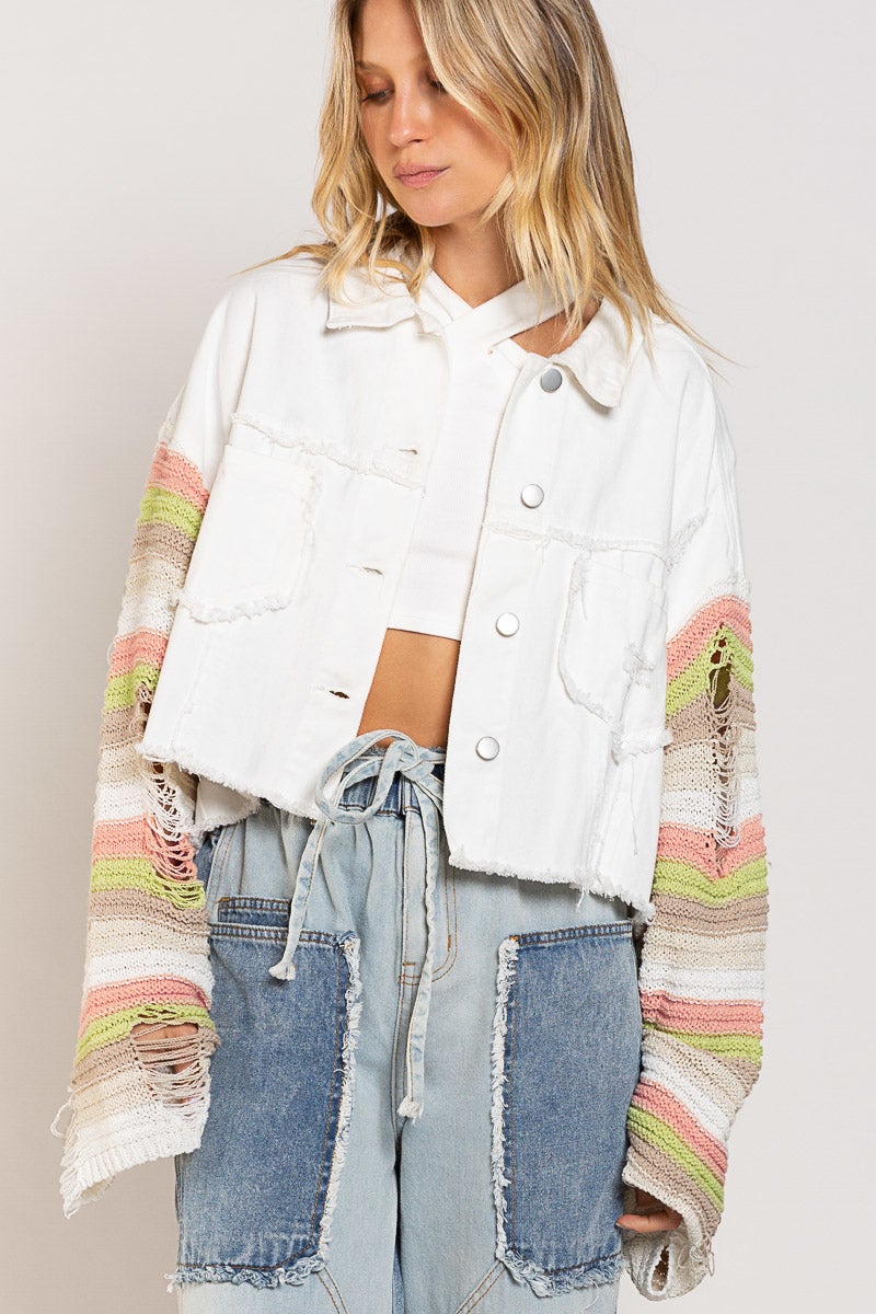 Womens denim jacket with knit sleeves sale